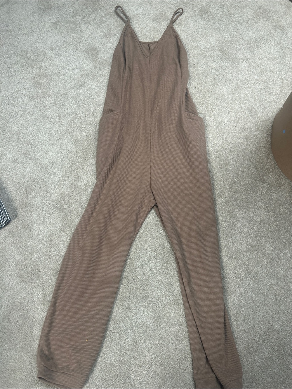 Women's Brown Waffle-Knit Jumpsuit with Pockets